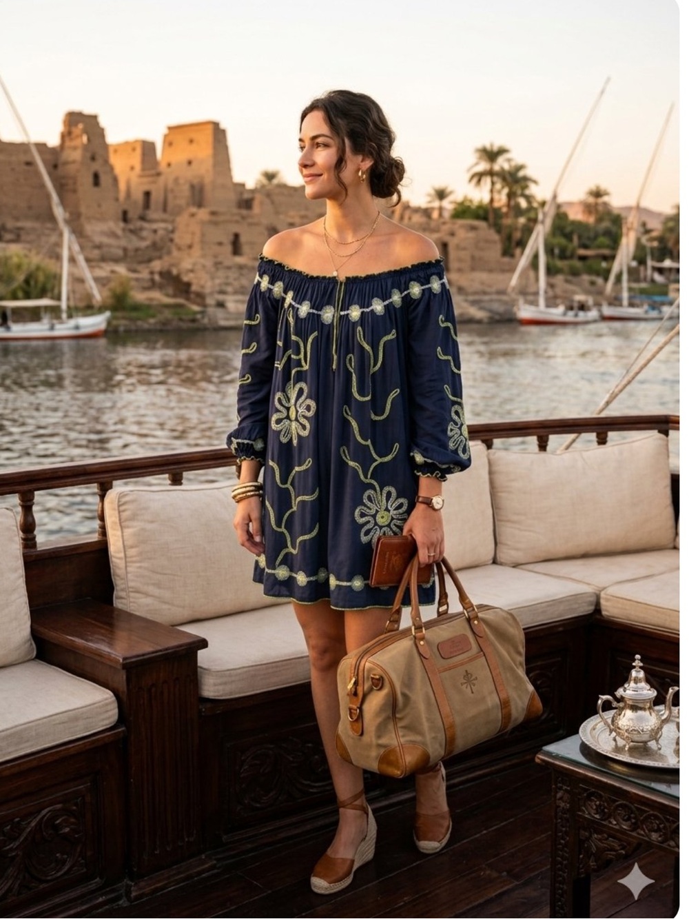 Poupette St Barth Embroidered Off-The-Shoulder Mini Dress Boho Tunic Dress Large